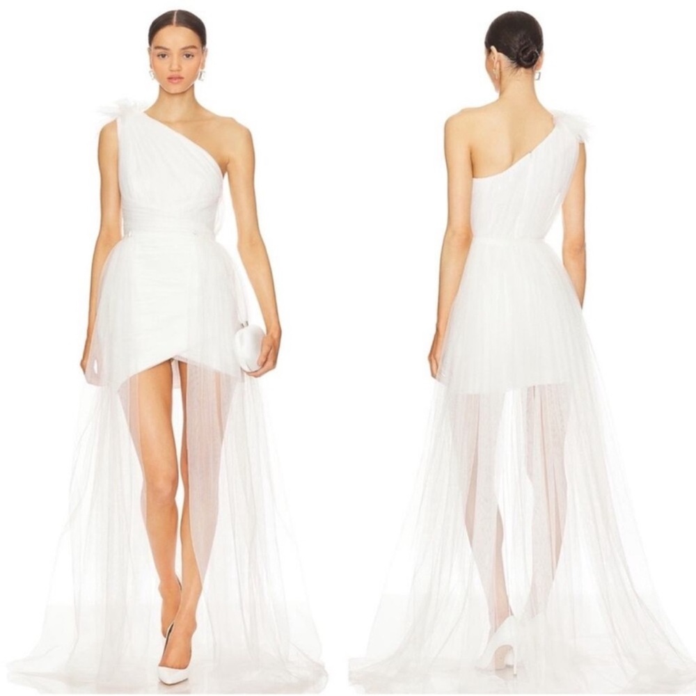 Sau Lee Sidney White Tulle Mini Dress with Detachable Train Wedding Bridal Sz 12